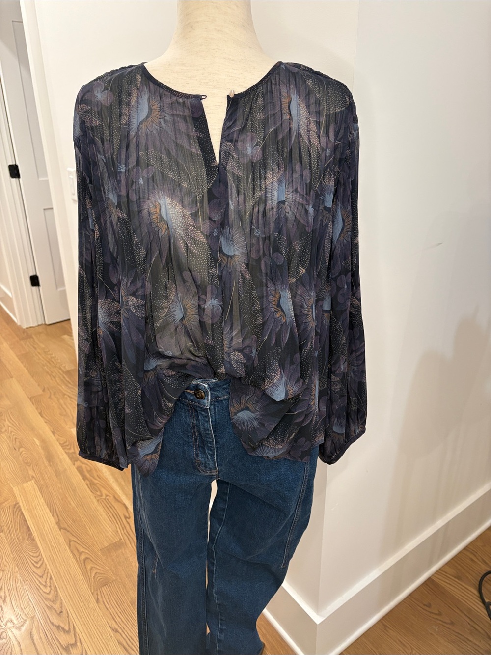 Vince Sheer Floral Pleated Blouse in Navy and Steel Blue